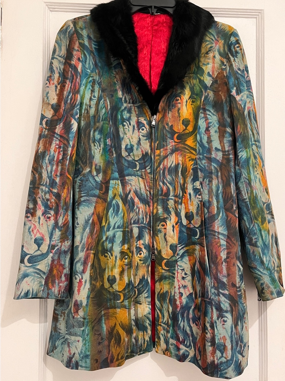 Multicolor Printed Leather Coat with Black Fur Collar